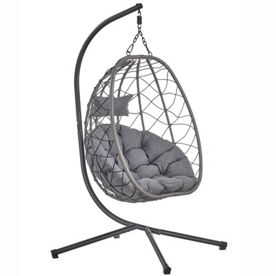 LeisureMod Summit Outdoor Egg Swing Chair for One Person, Black Steel Frame with Cushions, Hanging Patio Chair for Garden or Balcony