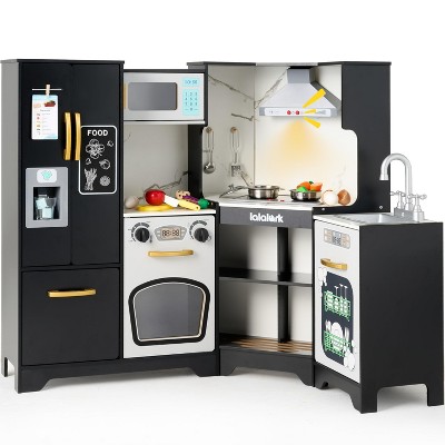 Joyfy Kids Corner Kitchen Playset Wooden Pretend Play Toy with Lights & Sounds, Fridge,Ice Maker ,Cookware for Kids, Birthday Gift for Ages 3+