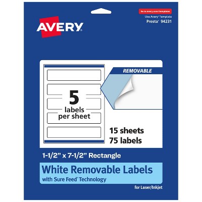 Avery Matte White Removable Rectangle Labels with Sure Feed Technology, Print-to-the-Edge, 1.5" x 7.5"