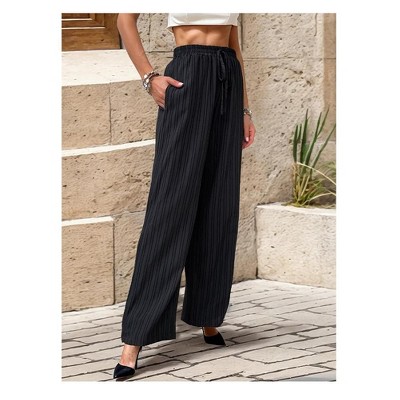 Coolmee Women Palazzo Pants Casual Drawstring Elastic Waist Striped Wide Leg Pants with Pockets