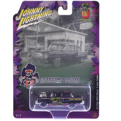 1955 Chevrolet 2-Door Sedan "Rat Fink Racing" Black with Graphics "CTC Exclusive" 1/64 Diecast Model Car by Johnny Lightning.