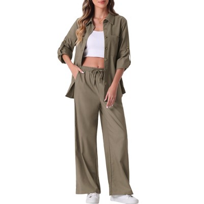 Allegra K Women's Linen Set Button Down Shirt and Drawstring Wide Leg Pants Casual Outfits 2 Pcs