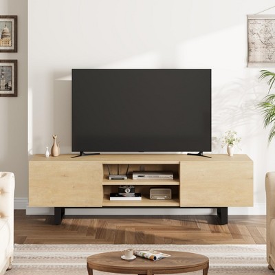 TV Stand for 65/75/80 Inch TV, Black 70" Entertainment Center with 2 Drawers & Open Shelves, Heavy Duty Wooden Media Console Cabinet with Metal Legs