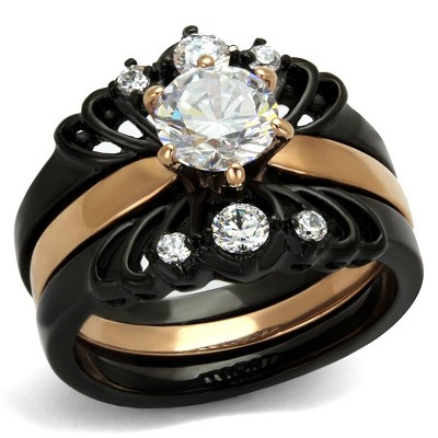 Slickblue Women’s Wedding Ring Set, Stainless Steel with Gold & Black Finish, Clear CZ Center Stone, Sizes 5-10