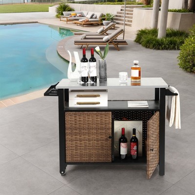 Outdoor Wicker Bar Cart, Kitchen Island Grill Table with Wheel,Rolling Buffet Serving Cart with Stainless Steel Top for Porch Garden Poolside