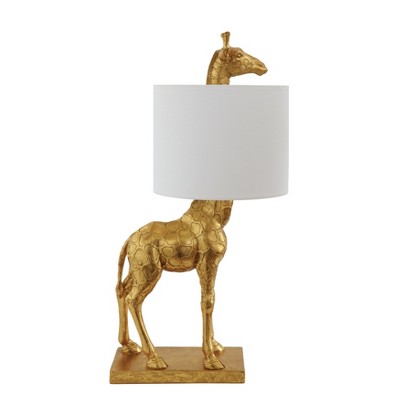 Storied Home Resin Giraffe Table Lamp with Linen Shade, Distressed Gold