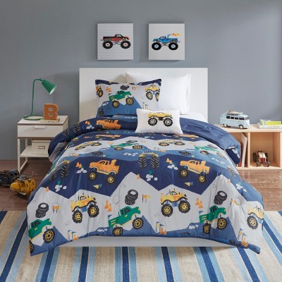 Comforter Set for Boys 3 Piece Monster Truck Comforter Set, TMicrofiber Bedding Set, Matching Sham, Embroidered Truck Throw Pillow