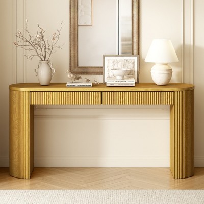 Entryway Table with Dual Drawers, Arched Pine Legs, Stripe Design, Adjustable Feet, Sofa Console Table for Living Room, Hallway, Foyer, Kitchen