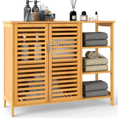 Tangkula Bamboo Bathroom Cabinet 2-Door Storage Organizer w/ Shelves Natural