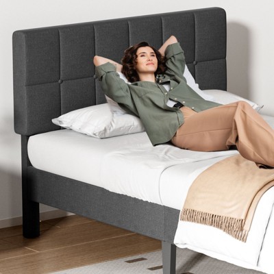 Mr Ironstone bed frame with headboard, linen upholstered platform bed frame with wooden strip support