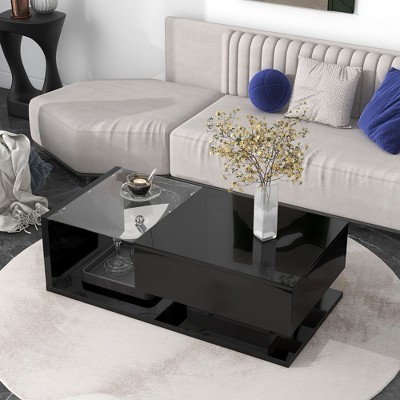 NicBex Modern Glass Coffee Table with Storage,High-Gloss UV Coffee Table with Tempered Glass Top,2-Tier Rectangle Center Table for Living Room
