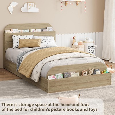 Twin Size Wooden Bed Frame with Storage Headboard and Raised Footboard, Low-Profile Platform Bed with Sturdy Wooden Slats, No Box Spring Needed