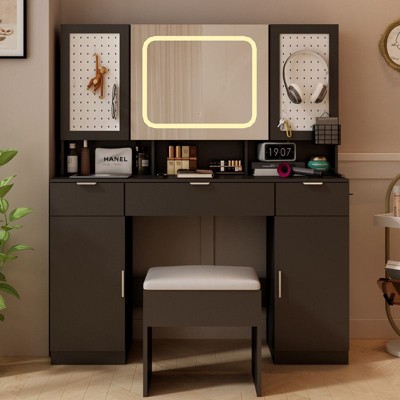 Karl Home Large Makeup Vanity Set with LED Mirror Cabinet, USB & Power Outlet,3 Drawers and 5 Doors