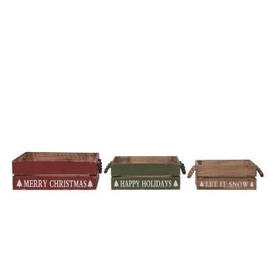 Transpac 10 in Multicolor Christmas Beaded Sayings Crates Set of 3 Decorative Baskets Fir Wood Holiday Decor