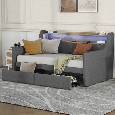 KWPZQEB Twin Size Upholstered Daybed, Sofa Bed with Charging Station, Button Tufted Storage Backrest & Arms for Bedroom, Guest Room