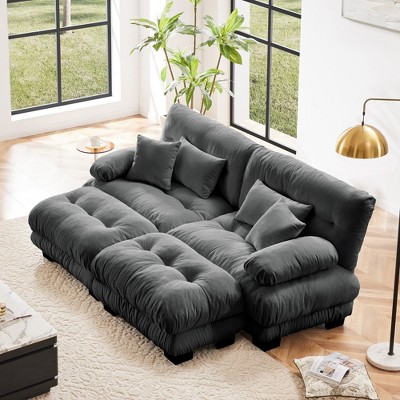Chenille 2 Seater sofa with 2 Lumbar pillows and 2 throw pillows , Upholstered Wide Arm Sofa with 2 Ottomans,Chenille Light coffee