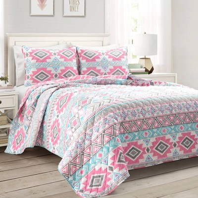 Kids' Geometric Striped Malibu Reversible Oversized Quilt Set Pink/Turquoise - Lush Décor