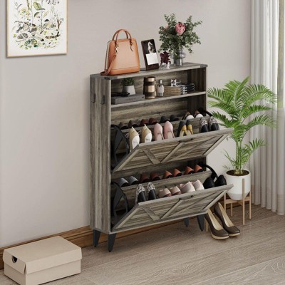 Shoe Cabinet, Freestanding Shoe Organizer with 2 Flip Drawers, Narrow Farmhouse Shoe Rack