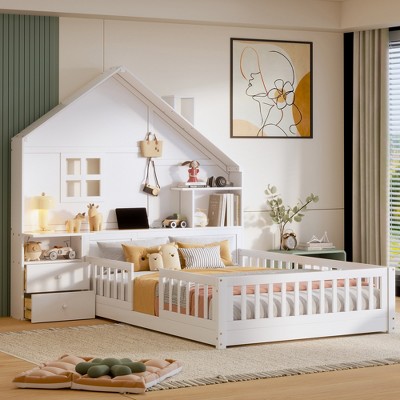 Twin/Full Size House Bed with Window Platform Bed Frame with Bedside Drawers, Shelves, a set of Sockets and USB Port, White-ModernLuxe
