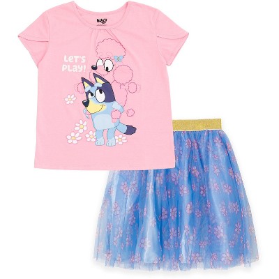 Bluey Floral Birthday Girls T-Shirt and Mesh Tulle Skirt Outfit Set Toddler