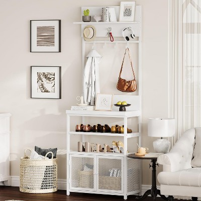 72.8" White Narrow Entryway Coat Rack w/ Doors & Shoe Storage - 7-Hook Hall Tree Organizer for Mudroom, Bedroom & Closet