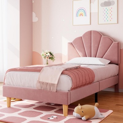 Twin Bed Frame with Seashell Headboard, Bed Frame with Wooden Slats Support, Metal Frame, Adjustable Headboard, No Box Spring Needed