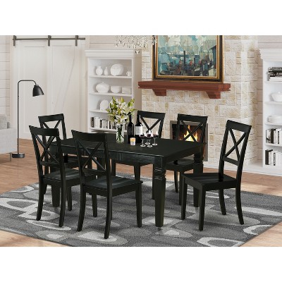 HomeStock Belmont 7Pc Rectangle 42/60" Kitchen Table With 18 In Leaf And 6 Wood Seat Dining Chairs, Black