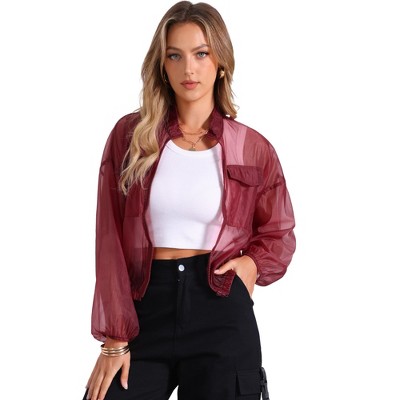 INSPIRE CHIC Women's Zip-Up Long Sleeve See-Through Bomber Jacket