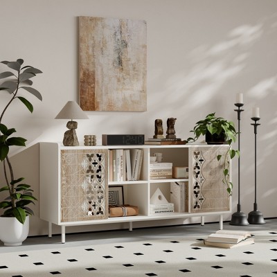 59" Mid Century Solid Wood Sideboard Storage Cabinet with Rustic Sliding Doors, Decorative TV Buffet and Storage for Living Room
