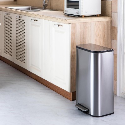 Kitchen Trash Can, Stainless Steel Garbage Can, Step On Trash Can with Quiet Close Lid & Inner Bucket for Kitchen Office