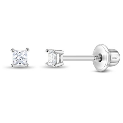Girl's My First Princess Solitaire Screw Back Sterling Silver Earrings - In Season Jewelry