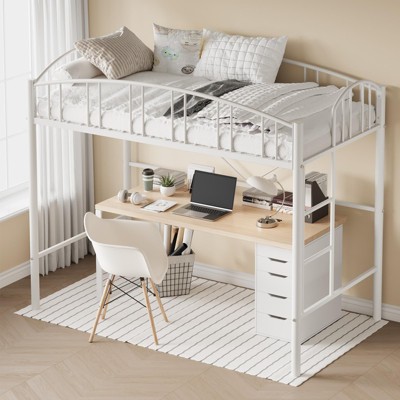 Loft Bed Twin Size, Heavy Duty Metal Loft Bed Frame with Arched Guardrail and Safety Ladder, Space-Saving, No Box Spring Needed