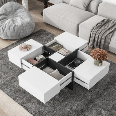 Coffee Table with 4 Hidden Storage Compartments, Square Cocktail Table with Extendable Sliding Tabletop,Center Table for Living Room, 31.5inx 31.5in