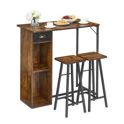 3 Piece Dining Table Set for 2, Industrial Bar Table and 2 Stools, Counter Height Island Table with Storage Shelves, Drawer, Small Kitchen Table