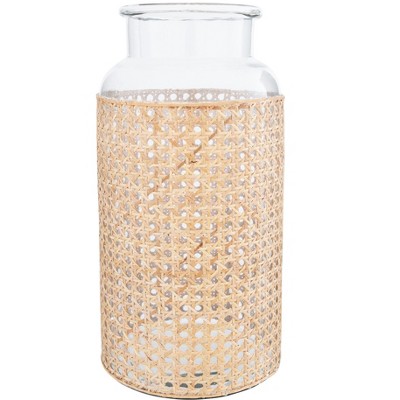 Storied Home Round Glass Tall Vase with Decorative Cane Sleeve, Clear and Natural