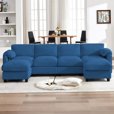 HYLEORY Corduroy Modular Sectional Sofa with Double Movable Ottomans, U-Shape Upholstered Comfy Couch with Two-Layer Seat Cushion for Living Room