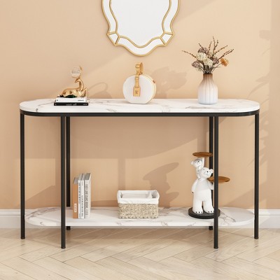 KTMBDW  Console Table 2 Tier Narrow Entryway Table with Storage Shelves Faux Marble Narrow Table for Living Bedroom Hallway Office