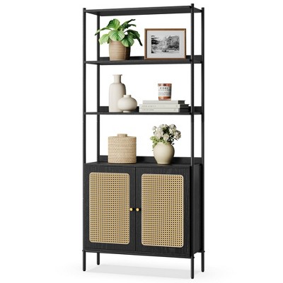 LEDREM 6-Tier Bookcase, Bookshelf with Rattan-Like Door, Boho Style, Freestanding 30.1-Inch Wide Storage Shelf, Metal Frame, for Living Room