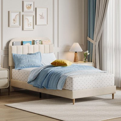 COZONY Twin Bed Frame with Storage Headboard, Velvet Upholstered Platform Bed with Strong Wooden Slats, Easy Assembly, No Box Spring Needed