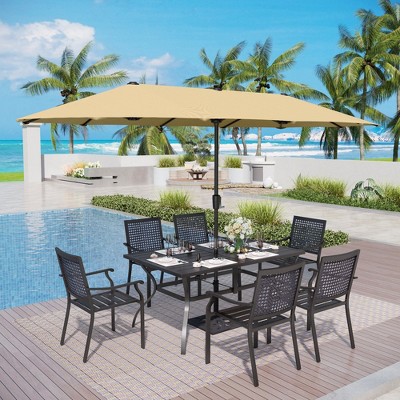 Captiva Designs 8pc Patio Dining Set with Rectangular Steel Table & Black Steel Chairs & Beige Umbrella