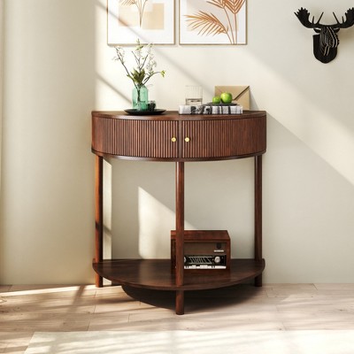 GDFStudio Kaveh Modern Wave-Pattern Half-Moon Wooden Console Table with 2 Drawers and Open Shelf