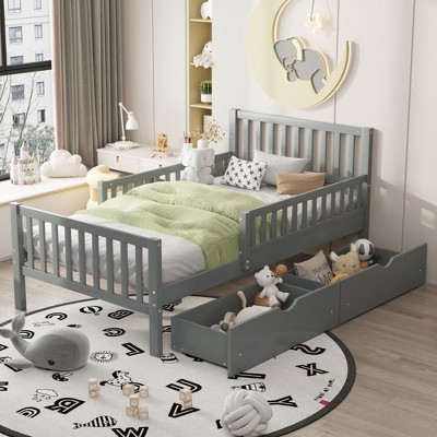 Twin Size Wood Platform Bed with Guardrails and Two Storage Drawers