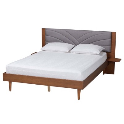 Baxton Studio Hemera Fabric and Wood Platform Bed with Floating Side Table Gray/Walnut Brown
