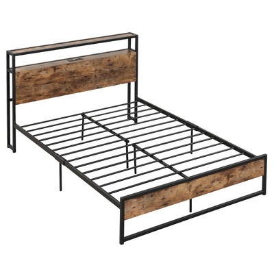 Tangkula Full Size Industrial Platform Bed Frame with Charging Station Storage Headboard