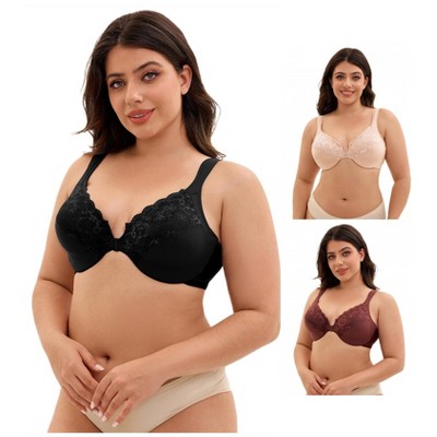 INSPIRE CHIC 3 Pcs Women's Front Closure Lace Trim Underwire Adjustable Straps Plunge Bras
