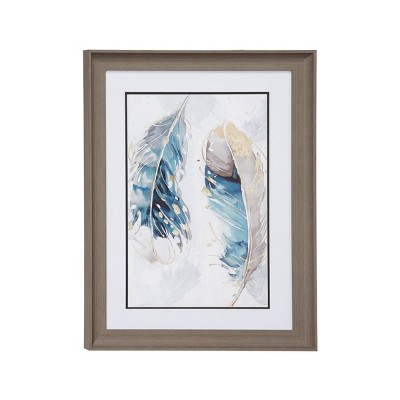 17.5" x 23.5" Eclectic Decor Watercolor Feathers Print in Rectangular Brown Wood Frame - Olivia & May: Modern Botanical Wall Art