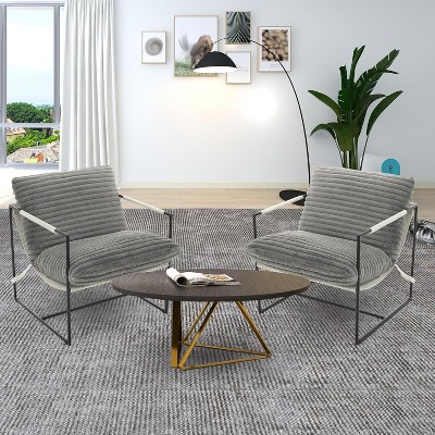 Living Room Sling Chair, Set of 2, Metal Frame with Armrests, Shredded Foam Cushion, Oversized Lounge Chair for Bedroom, Study, Light Gray