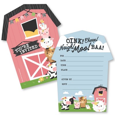 Big Dot of Happiness Girl Farm Animals - Shaped Fill-In Invitations Pink Barnyard Baby Shower or Birthday Party Invitation Cards with Envelopes 12 Ct