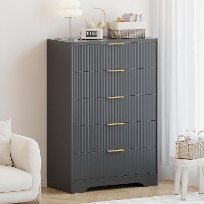 Fluted Wood Dresser 5 Drawers Dresser for Bedroom, Modern White Tall Dressers, Natural Wood Drawer Organizer for Bedroom, Living Room, Hallway