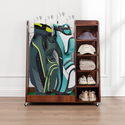 MOEPISY Sports Racks Golf Bag Organizer for Garage, Premium Wooden Golf Clubs Storage Rack Fit 2 Golf Bags, Brown